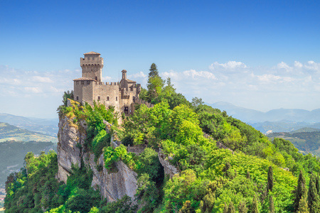The Cesta Tower on Monte Titano in San Marino. The main of three medieval towers which is symbol of San Marino.のeditorial素材