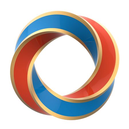 Two color orange and blue twisted ring with gold frame isolated on white background. 3D illustration.の写真素材
