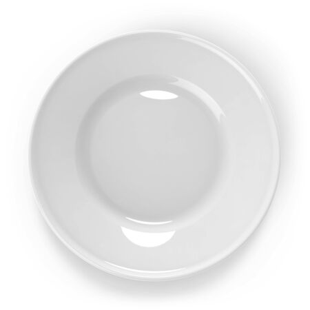 Clean flat white plate with shadow isolated in white background. 3D illustration.の写真素材