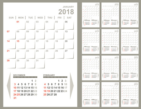 Monthly planner 2018 calendar template. Wall scheduler design. Vector illustration.のイラスト素材