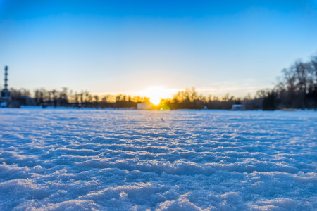 Winter sunset landscape with blurred background, focus on snow surface.の写真素材