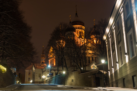 Tallinn OLd Town Street with View on Aleksander Nevski Cathedral at Winter Night, Rstonia.の写真素材