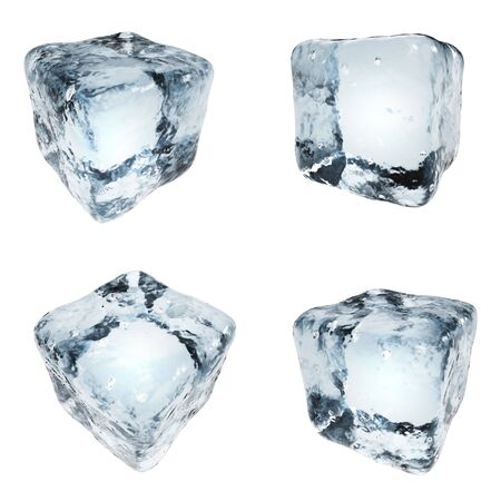 Drink ice cubes isolated on white background. 3D illustration. Frozen water blocks set.の写真素材