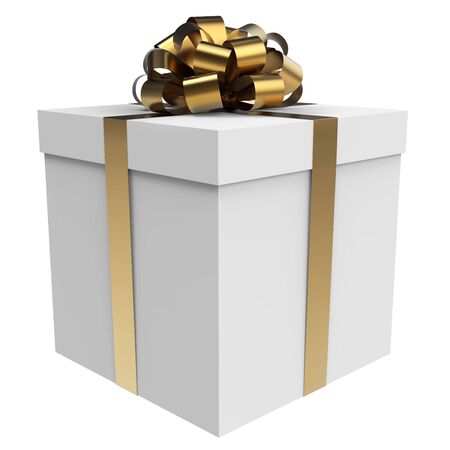 White gift box with gold bow and ribbon isolated on white background. 3D illustration.の写真素材