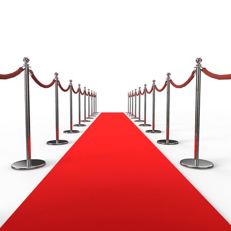 Red carpet background with barrier stanchion rope. 3D illustration.の写真素材