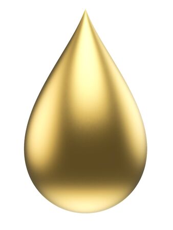 Gold Drop Isolated on White Background. Golden Droplet Side View. 3D Illustration.の写真素材