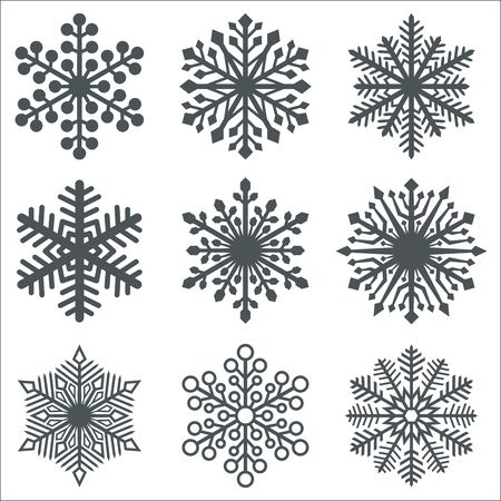 Black Snowflake Shapes Collection on White Background. Christmas Symbols Set. Vector Illustration.のイラスト素材