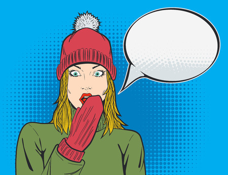 Beautiful Blond Woman in Red Hat and Hand in Knitted Glove Covering the Mouth with Eyes Wide Opened.のイラスト素材