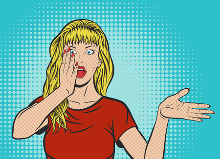 Beautiful blond woman in red t-shirt and hand covering face with eyes wide opened. Wow expression. Girl in pop art comic style. Ideal for print.のイラスト素材