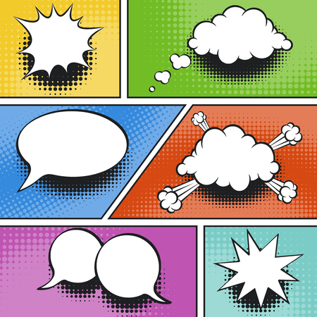 Comic elements with black halftone shadow in color frames. Comics book background. Pop art backdrop.のイラスト素材