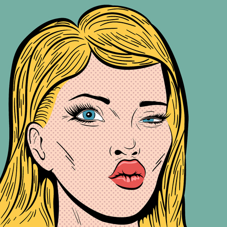 Vintage Pop Art Illustration with Blonde Womanâs Face with mouth like a Cupidâs bow and Winking with the Eye.のイラスト素材