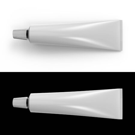 Blank White Toothpaste or Cream Tube Isolated on White Background with Shadow and Black Background. Top View Product Mockup. 3D Illustration.の写真素材