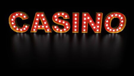 Casino Word Light Bulb Sign with Gold Frame with Reflection on Black Floor. 3D Illustration.の写真素材