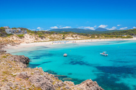 White Sand Beach at Arenal de Son Saura, Menorca Island, Spain.の写真素材