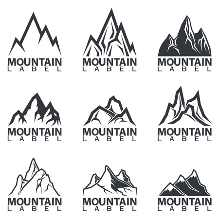 Black and White Mountain Peaks Set. Collection of Nature Emblems Vector Illustration.のイラスト素材