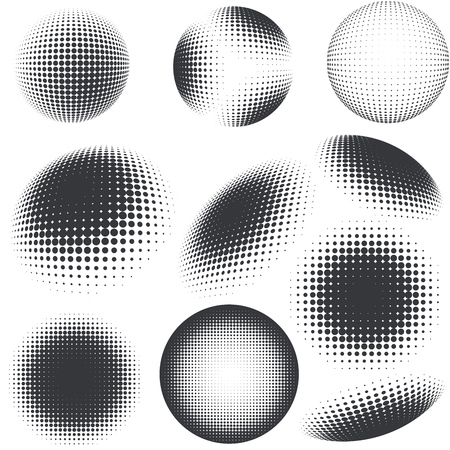 Halftone black and white design elements set. Halftone patterned spheres and round surfaces. Vector Illustration.のイラスト素材