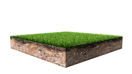 Green Square Grass Land Piece Isolated on White Background. 3D Illustration.の写真素材