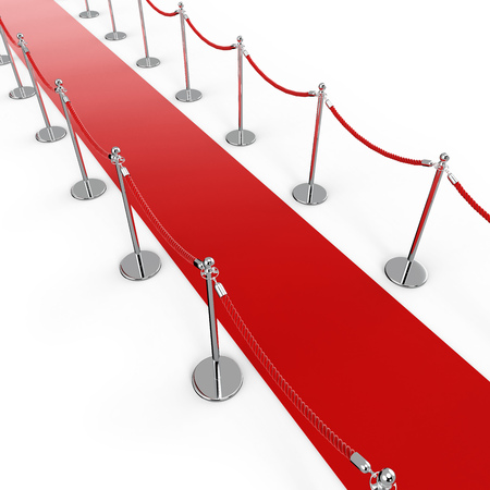 Red Carpet Background with Barrier Stanchion Rope. Diagonal Top View. 3D Illustration.の写真素材
