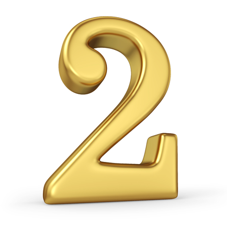 Gold Number 2 Isolated on White Background. Figure Two. 3D Illustration. Golden Alphabet Collection.の写真素材