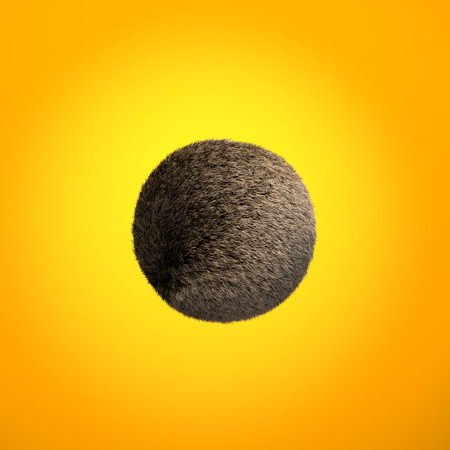 Abstract Brown Furry Ball on Yellow Background. Funny Soft Hair Ball. 3D Illustration. の写真素材
