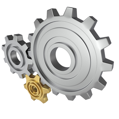 Metal Gears with One Golden Isolated on White Background. Teamwork Concept. 3D Illustration.の写真素材
