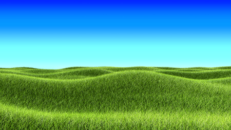 Green Grass Hills and Blue Sky Landscape Background. 3D Illustration. Nature Backdrop.の写真素材