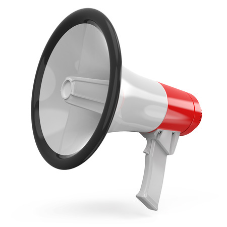Red and White Megaphone Isolated on White Background. Portable Bullhorn Render. 3D Illustration.の写真素材