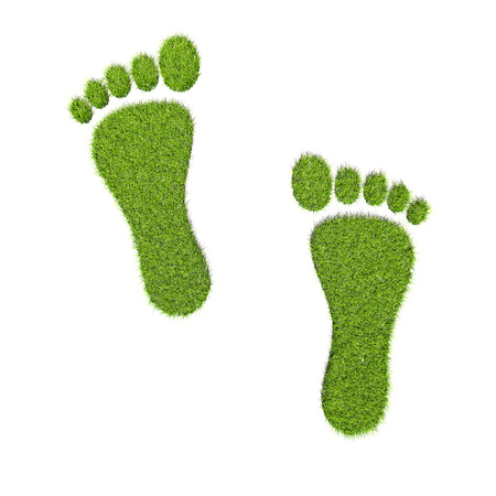 Green Grass Footprints Isolated on White Background. Top View. Ecology Concept 3D Illustration.の写真素材