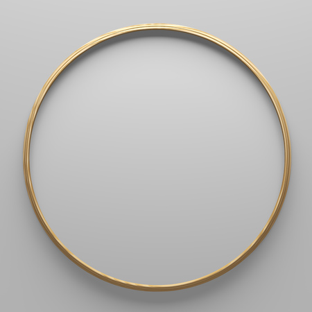 Thin Blank Round Wooden Picture Frame on the White Wall. 3D Illustration.の写真素材