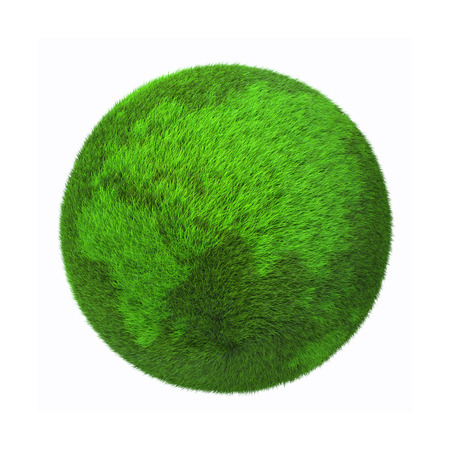 Green Grass Globe with Continent Shapes Isolated on White Background. Eco Design Element. 3D Illustration.の写真素材