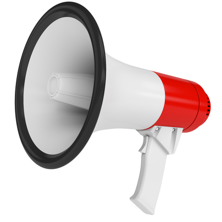 Red and White Megaphone Isolated on White Background. Portable Bullhorn Render. 3D Illustration.の写真素材