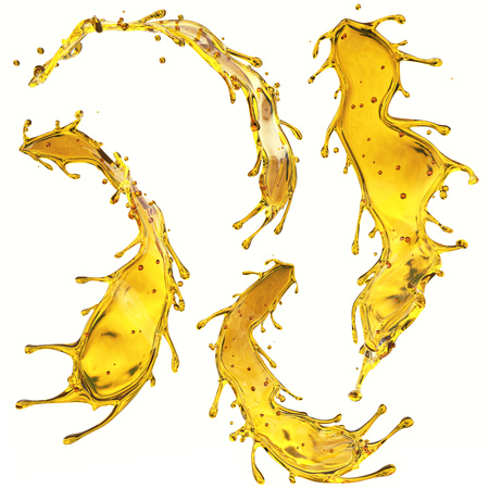 Engine, Corn or Sun Oil Splashes Isolated on White Background. Yellow Fluid Splashes Template for Advertising Design. 3D Illustration.の写真素材