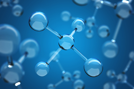 Glass Molecule Blue Science Background with DOF effect. Scientific 3D Illustration.の写真素材