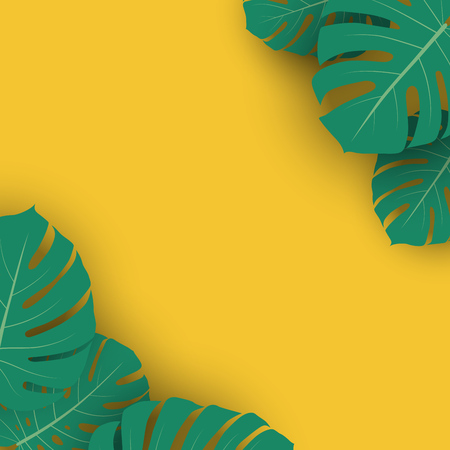 Summer Advertising Banner Template with Monstera Plant Leaves with Yellow Copy Space. Vector Illustration. Tropical Backdrop.のイラスト素材