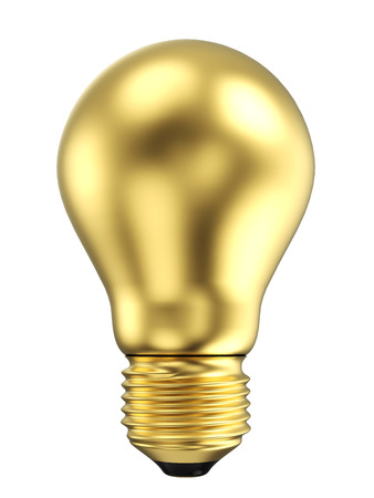Gold Electric Light Bulb Isolated on White Background. Solution, Ides Symbol. 3D Illustration.の写真素材