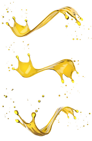 Engine, Corn or Sun Oil Splashes Isolated on White Background. Yellow Fluid Splashes Template for Advertising Design. 3D Illustration.の写真素材