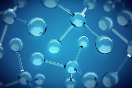 Glass Molecule Blue Science Background with DOF effect. Scientific 3D Illustration.の写真素材