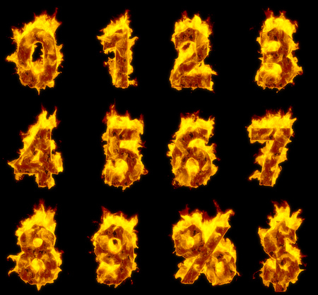 Fire Font Figure Symbols Set on Black Background. Hot Offer Price Template. 3D Illustration.の写真素材
