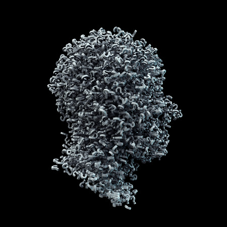 3D Head Shape Made of White Question Marks on Black Background. Confusion Concept Image. 3D Illustration.の写真素材