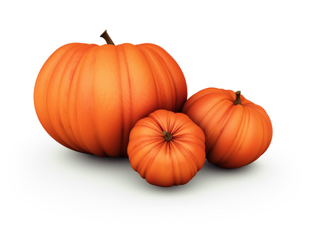 Three Orange Pumpkin on White Background. Halloween Design Element. 3D Illustration.の写真素材