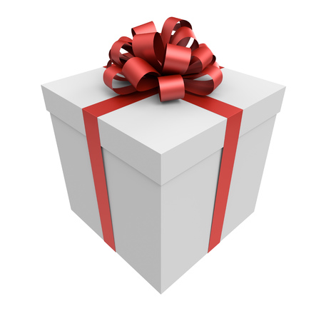 White Gift Box with Red Ribbon on White Background. 3D Illustration.の写真素材