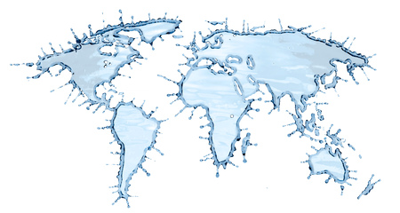 Clean Water Splash in Shape of World Map isolated on White Background. 3D Illustration.の写真素材