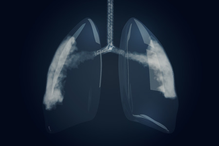Glass Human Lubgs with Cigarette Smoke Inhale on Dark Blue Background. Helthcare Concept Backdrop. 3D Illustration.の写真素材