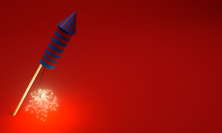 Fireworks Rocket with Burning Cord on Red Background. Christmas Backdrop. 3D Illustration.の写真素材