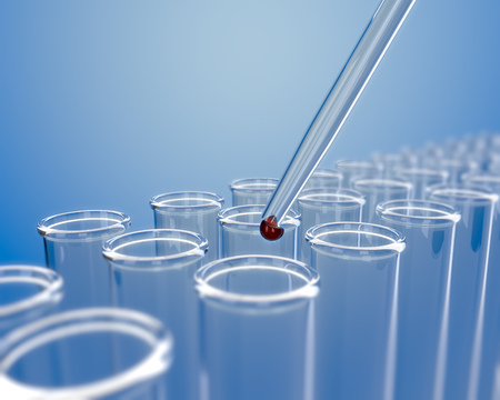 Blood Sample Medical Blue Background. Test Tubes Chemestry Backdrop. 3D Illustration.の写真素材