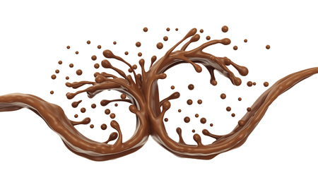 Chocolate Streams Splash on White Background. Chocolate Advertising Banner. 3D Illustration.の写真素材