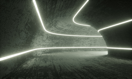Old Concrete Tunnel Illuminated with Tube Neon Lights Background. 3D Illustration.の写真素材