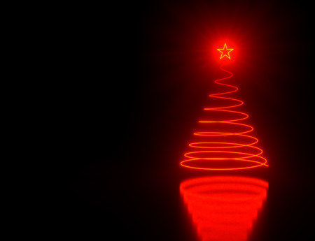 Red Glowing Spiral Christmas Tree with Star Decoration with Black Copy Space. 3D Illustration.の写真素材