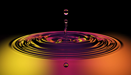 Colorful Water Surface Drop Splash on Black Background. 3D Illustration.の写真素材