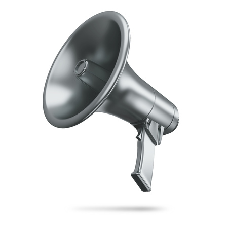 Metal Megaphone Isolated on White Background. Portable Silver Bullhorn Render. 3D Illustration.の写真素材